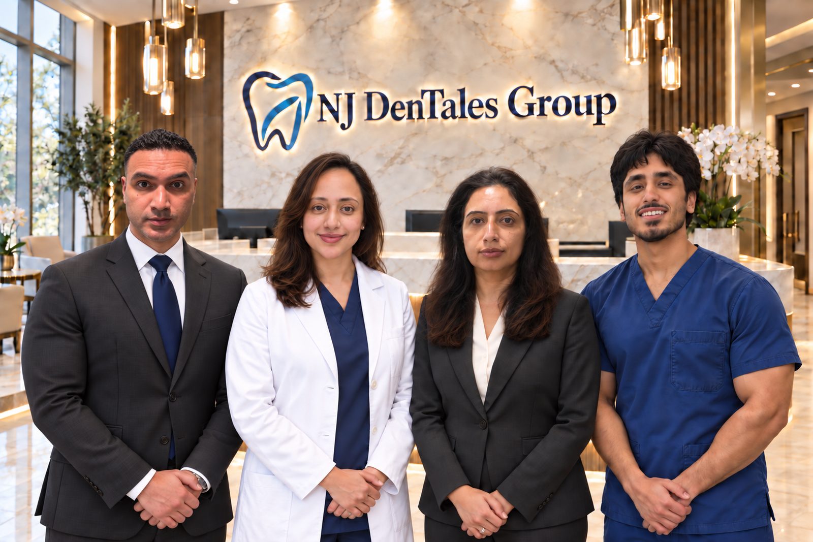 The NJ DenTales Group team at the reception desk of the Somerville, NJ dental office